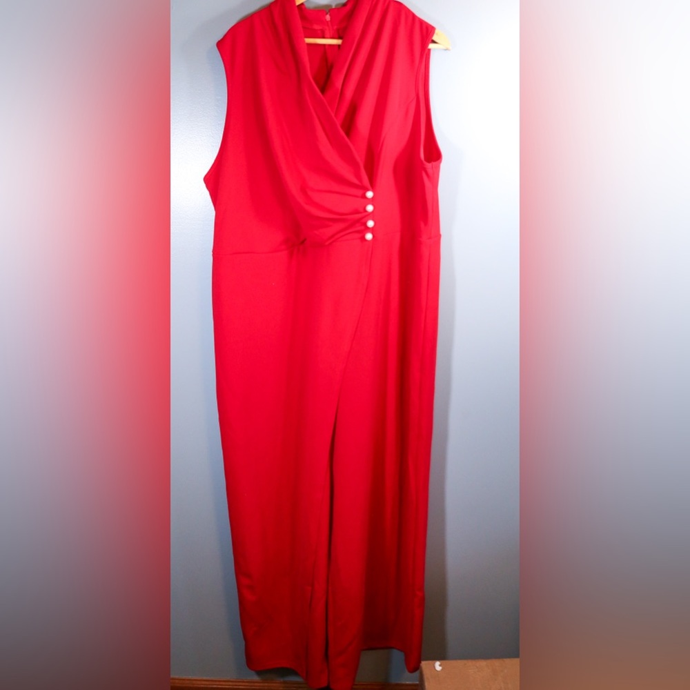 Red Wrap Front Wide Leg Jumpsuit Plus Size 4XL Sleeveless Dressy Evening Party - Picture 7 of 13